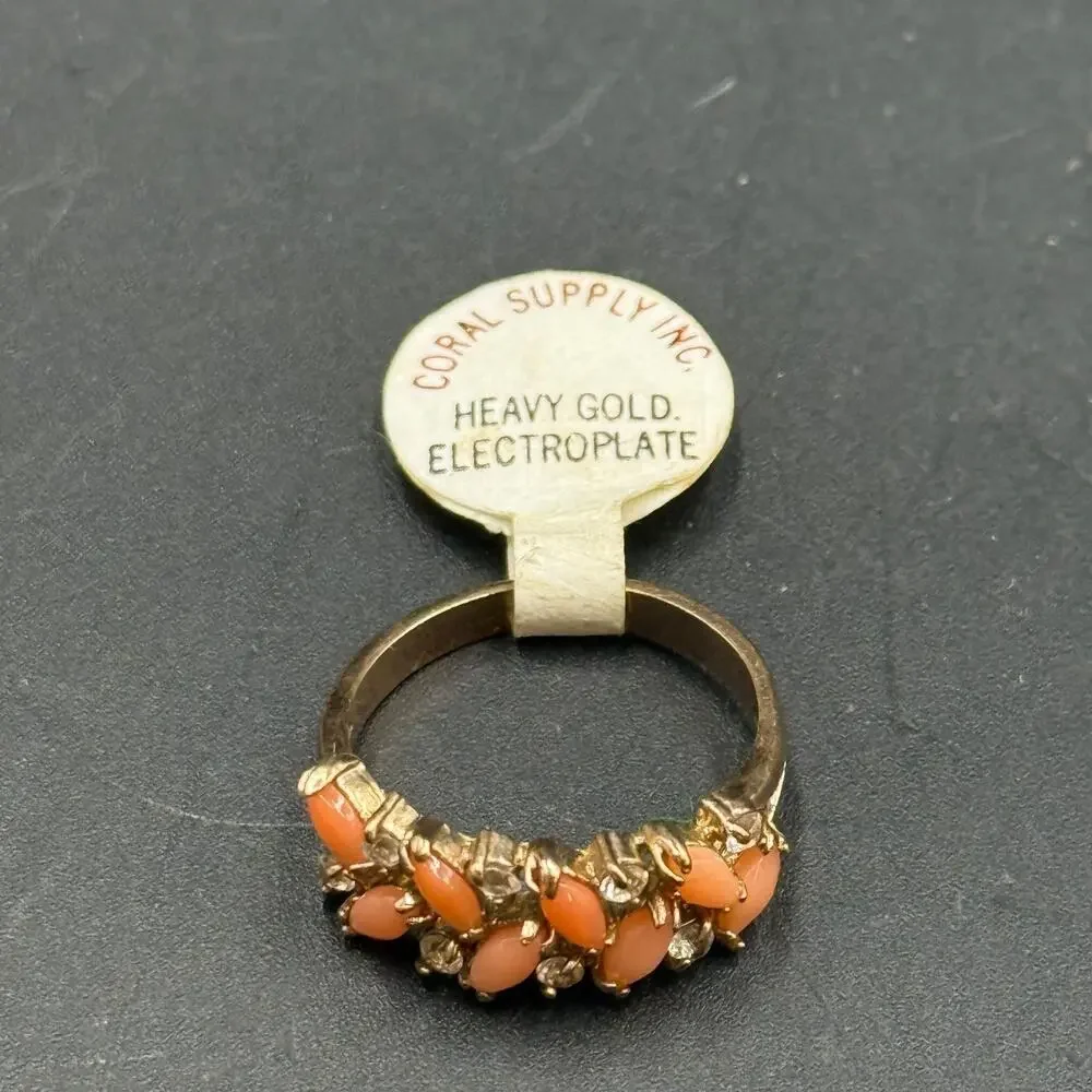 Vintage Cocktail Ring Coral Cabochon Band Ring Heavy Gold Electroplate